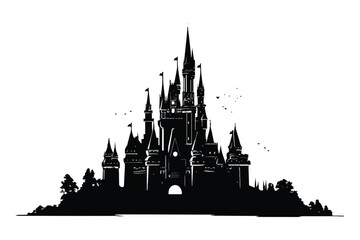 Majestic Castle Silhouette Against White Background A Symbol of Fantasy and Fairytale Worlds For Creative Projects
