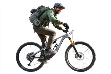 Man riding mountain bike with backpack on white background adventure and exploration concept