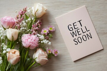 Flowers arranged near a Get Well Soon card on a wooden surface