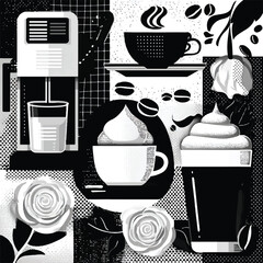 Monochromatic Coffee Collage with Flowers and Coffee Machine Graphic Design Illustration for Coffee Lovers and Cafe Design