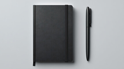 Black notebook with elastic closure and matching pen writing stationery