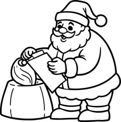 Santa claus checking his list beside a toy sack in a workshop isolated on white background isolated on transparent background