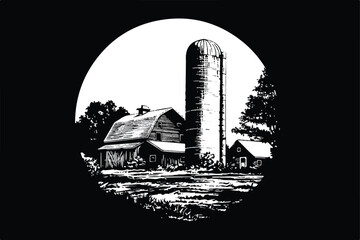 Monochrome Farm Scene Featuring Barn Silo and Outbuildings Creating a Rural Black and White Illustration