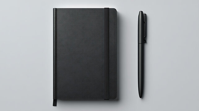 Black notebook with elastic closure and matching pen writing stationery