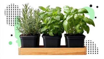Fototapeta premium Three potted herbs?rosemary, mint, and basil?sit on a light-brown wooden tray
