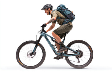 Mountain biker riding an electric mountain bike with a backpack on a white background for adventure and recreation