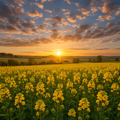 Fototapeta premium Golden Sunset over a Field of Bright Yellow Rapeseed Flowers