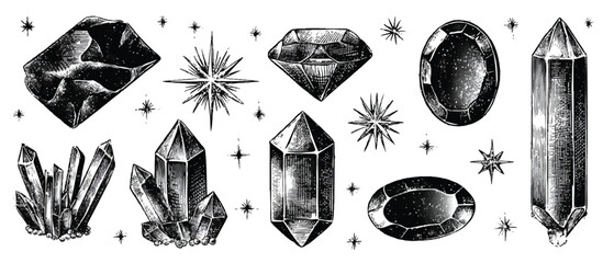 Mystical Crystal Collection Engraving Illustration Gemstone Minerals and Celestial Stars Perfect for Spiritual and Occult Themes