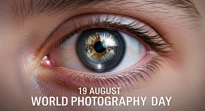 A young man holds a DSLR camera up to his eye, celebrating World Photography Day on August 19th, with bokeh lights surrounding him. - Powered by Adobe