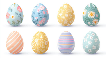 Pastel Easter Eggs with Floral Patterns and Striped Designs Arranged in a Row for Spring Holiday Celebrations