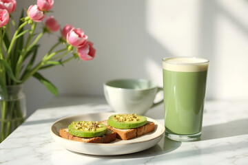 A soft toned, modern breakfast setup with matcha latte, avocado toast, and fresh flowers on marble calm, elegant, and illuminated by natural daylight.