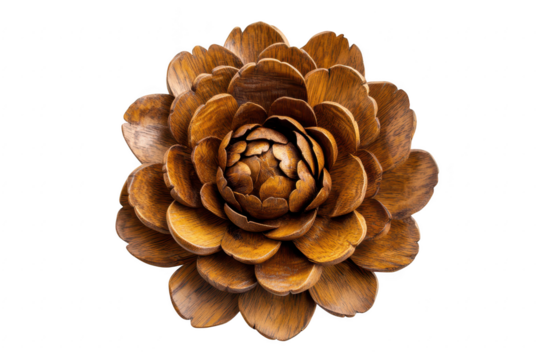 Detailed view of a textured pinecone with layered scales showing natural earthy tones isolated on transparent background