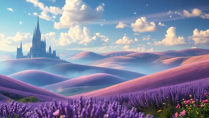 Enchanting lavender fields with a majestic castle under a dreamy sky