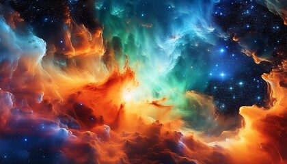 a vibrant and colorful cosmic nebula blending hues of orange blue and green evoking a sense of wonder and exploration