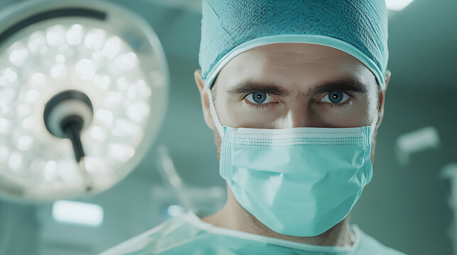 Close-up of a surgeon with mask and cap, under bright surgical lights. Focused gaze suggests readiness for critical medical procedures in the operating room.