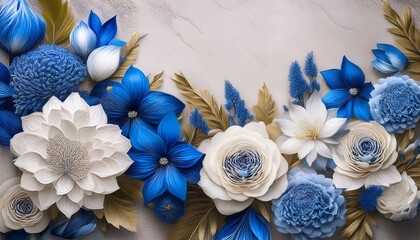 colorful floral arrangement with blue and white flowers on a textured background