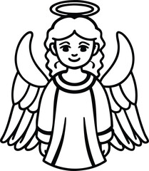 Simple line drawing of an angel with halo and wings isolated on white background isolated on transparent background