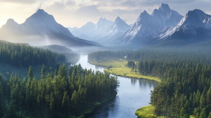 Obraz premium Serene river winding through a lush forest valley beneath towering mountains.