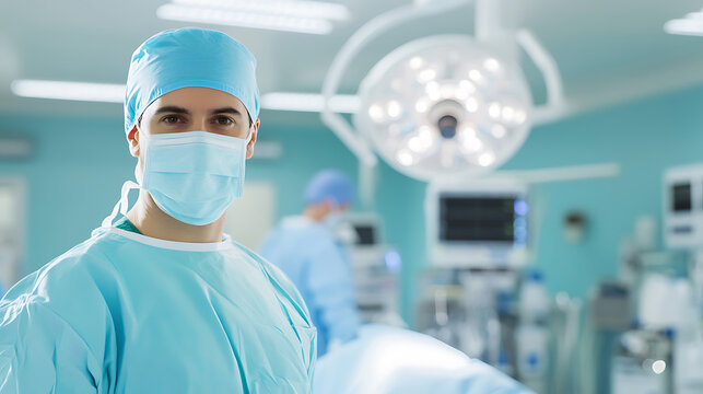 Portrait of surgeon in surgical attire in the operating room. Modern sterile surgical environment with surgical lights and medical equipment. - Powered by Adobe