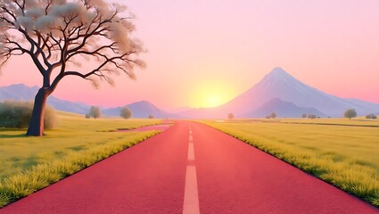 Scenic road leading towards a mountain at sunrise with a lone tree