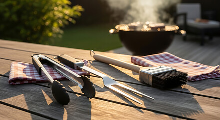 Grilling essentials laid out on a wooden deck table, with barbecue tools ready for a summer cookout at sunset.