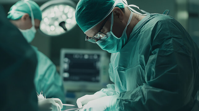 Surgeons in the operating room performing a surgery, showcasing the medical professionals' expertise and precision in a sterile environment.