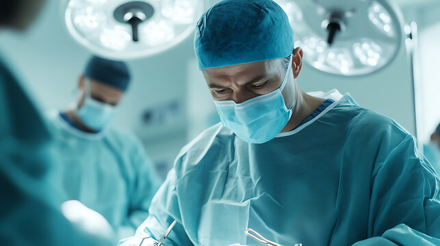 Surgeon in operation room with scrubs, mask, and head covering performing surgery under surgical lights, with other medical staff visible in the background.