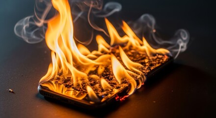 Smartphone Inferno: A Burning Device - A phone engulfed in flames, symbolizing technological failure, risk, danger, destruction, and the ephemeral nature of technology