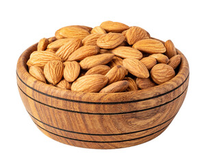 Wooden bowl overflowing with shelled almonds on transparent background