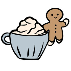 Coffee with whipped cream, gingerbread man, doodle, vector illustration