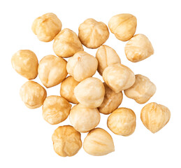 Peeled hazelnuts falling on transparent background