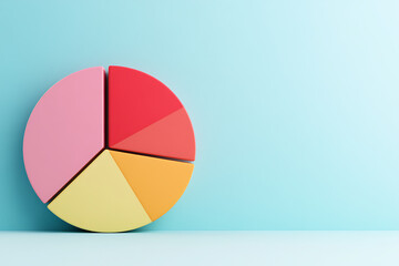 Colorful Pie Chart: A segmented circle on a light blue background, representing statistical data in shades of pink, red, yellow, and orange.