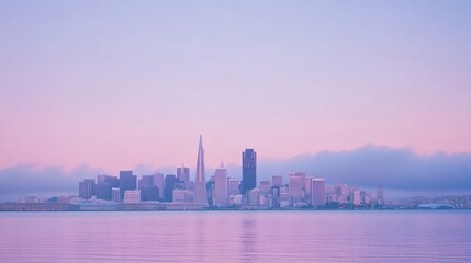 Pastel colored cityscape at dawn.