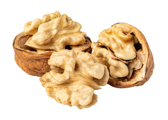 Walnuts showing kernel and shell on transparent background