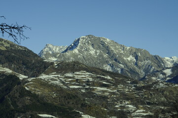 Panoramic winter landscape in the French Alps near a ski resort