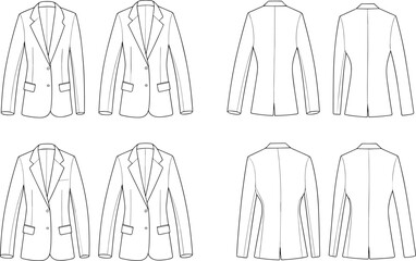 Multiple blazer front and back cad drawing flat vector illustration, women’s formal jacket sketch, two button blazer, tailored fashion design template