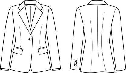 Blazer front and back cad drawing flat vector illustration, single breasted jacket sketch, tailored fit, lapel collar, fashion design template for women