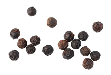 Black peppercorns falling on transparent background
