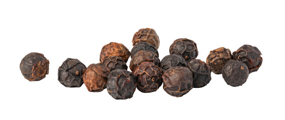 Black peppercorns piled up on transparent background