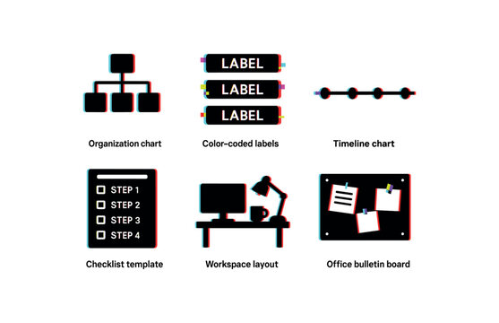 six different glitch effect illustration isolated on white backgorund organization org chart tree organization color coded labels organization timeline chart organization checklist template