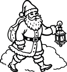 Charming vintage style santa claus walking through a snowy landscape with a lantern isolated on white background isolated on transparent background