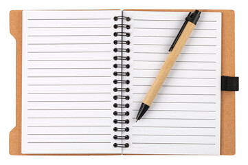Open spiral notepad with pen on transparent background