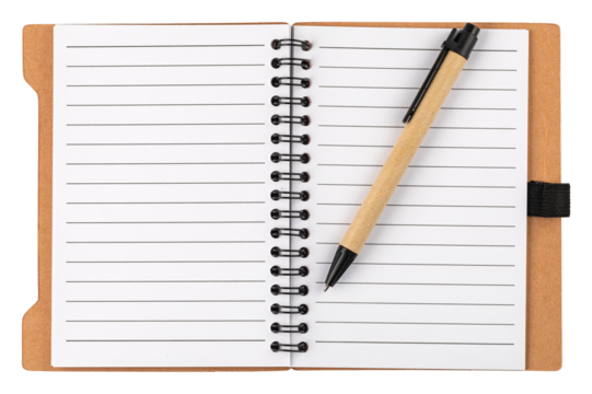 Open spiral notepad with pen on transparent background