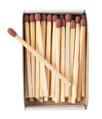 Open matchbox with wooden matches and one leaning out on transparent background