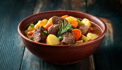 savory beef stew with tender meat and root vegetables in a rustic brown bowl perfect for comfort meals or winter feasts