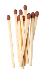 Pile of wooden matches with brown tips on transparent background