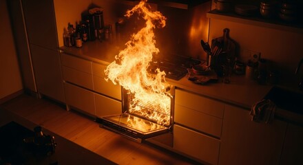 Kitchen Oven Fire Emergency - A dramatic symbolizing danger, destruction, chaos, loss, and the need for safety precautions in the kitchen. Flames engulf an oven