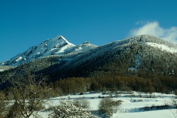 Panoramic winter landscape in the French Alps near a ski resort