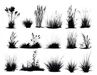 Silhouette Grasses and Plants Collection Graphic Set Isolated on White Background Various Wild Herbs Design Elements for Decoration