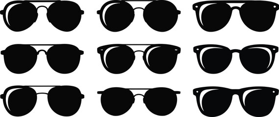 Collection of nine black silhouette aviator sunglasses in a grid pattern